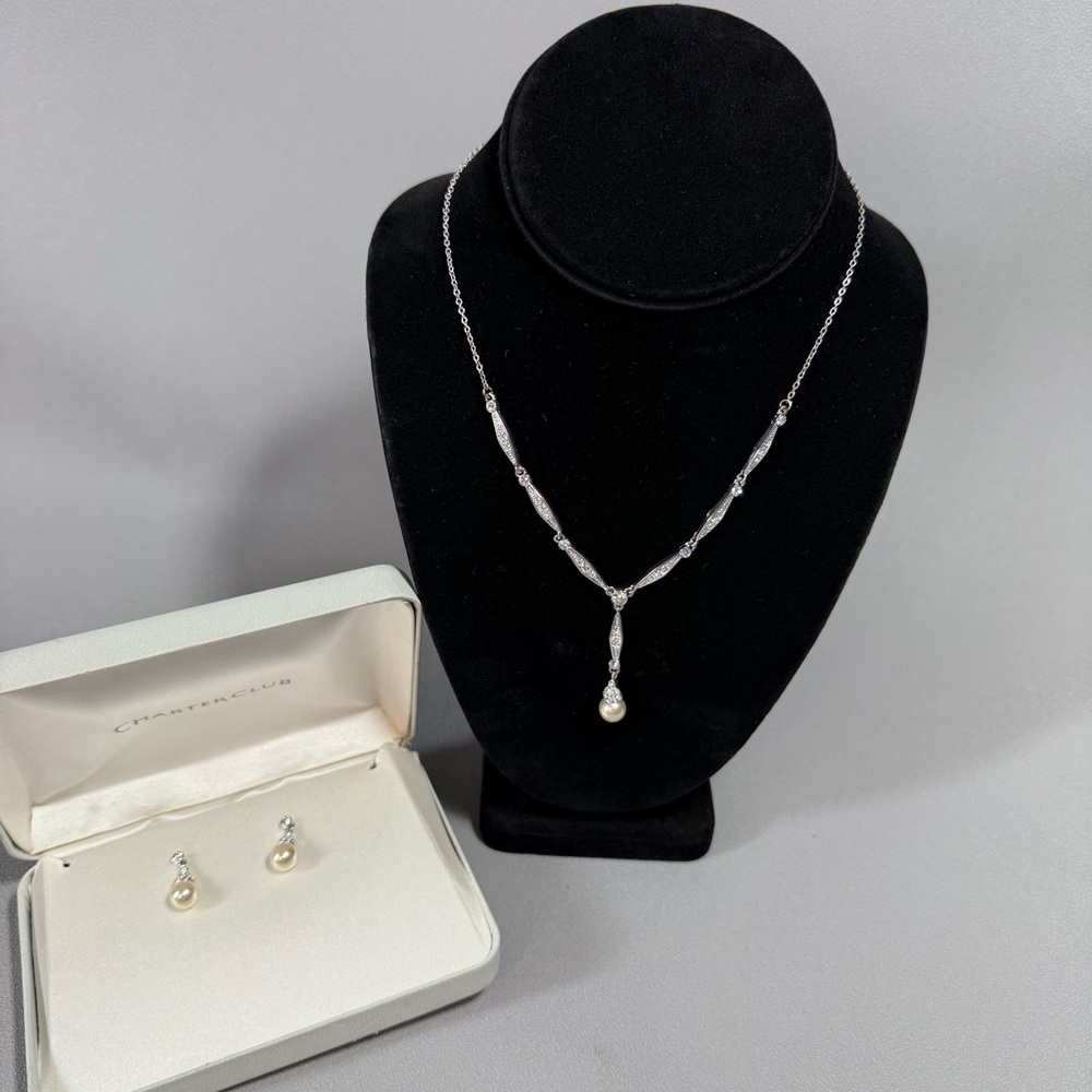 Charter Club Silver-Tone Pearl and Rhinestone Drop Pendant Necklace Earring Set
